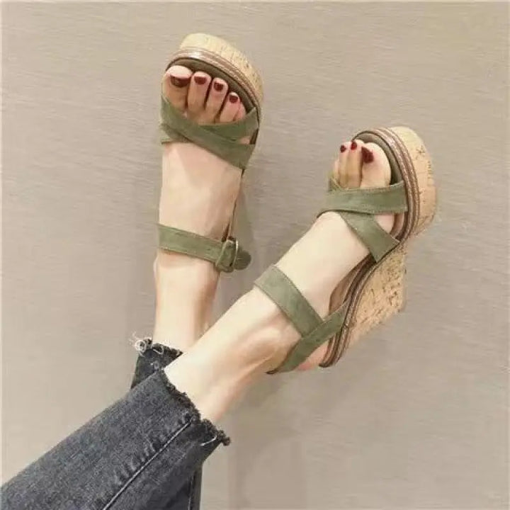 Women’s olive green suede wedge sandals with cork platform and ankle strap – casual summer footwear