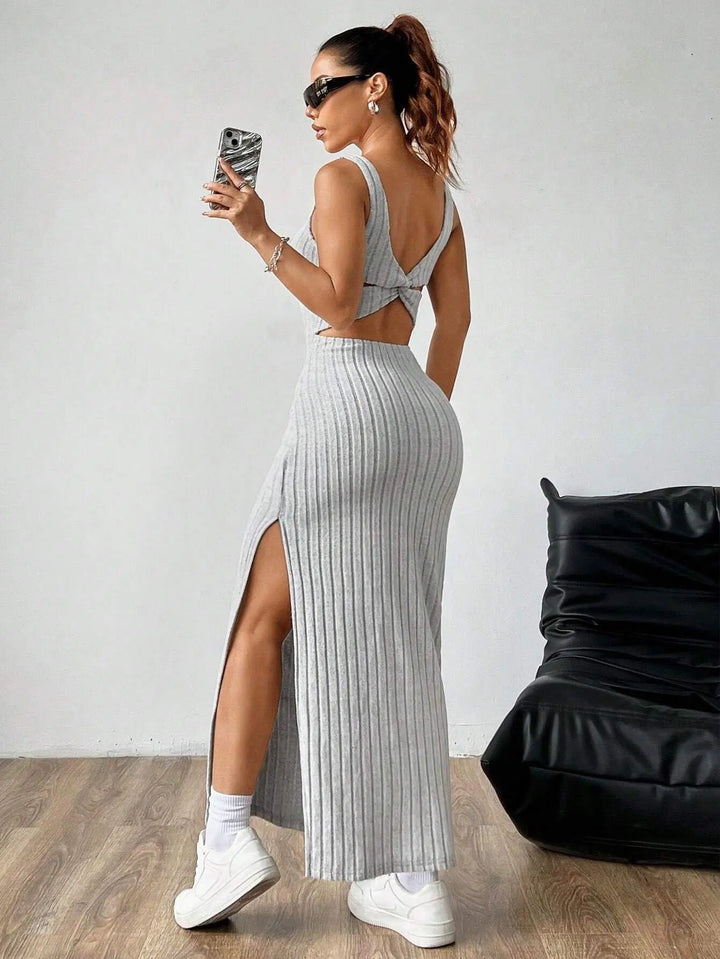Women’s grey ribbed knit bodycon maxi dress with square neckline and side slit – sleeveless casual chic outfit