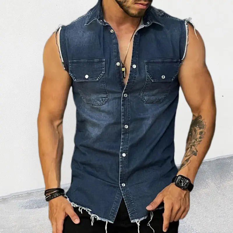 Men’s sleeveless blue distressed denim shirt – rugged summer streetwear
