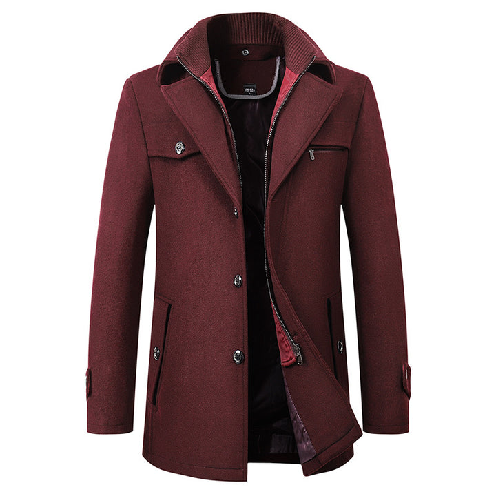 Men’s red wool blend trench coat with lapel collar and removable scarf – long winter overcoat for smart casual or formal wear