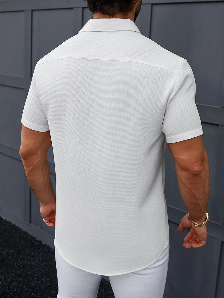 Men’s white short sleeve button-up shirt with chest pocket – casual summer shirt
