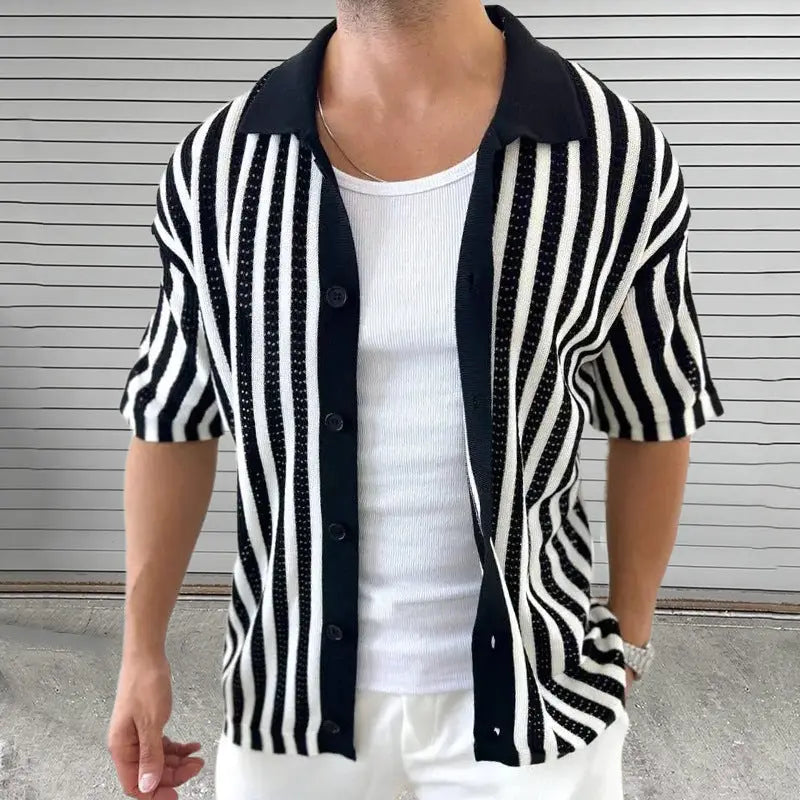 Men's black and white contrast striped knit shirt – bold short sleeve casual summer look
