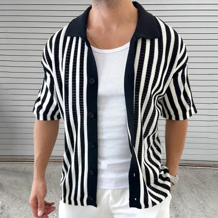 Men's black and white contrast striped knit shirt – bold short sleeve casual summer look