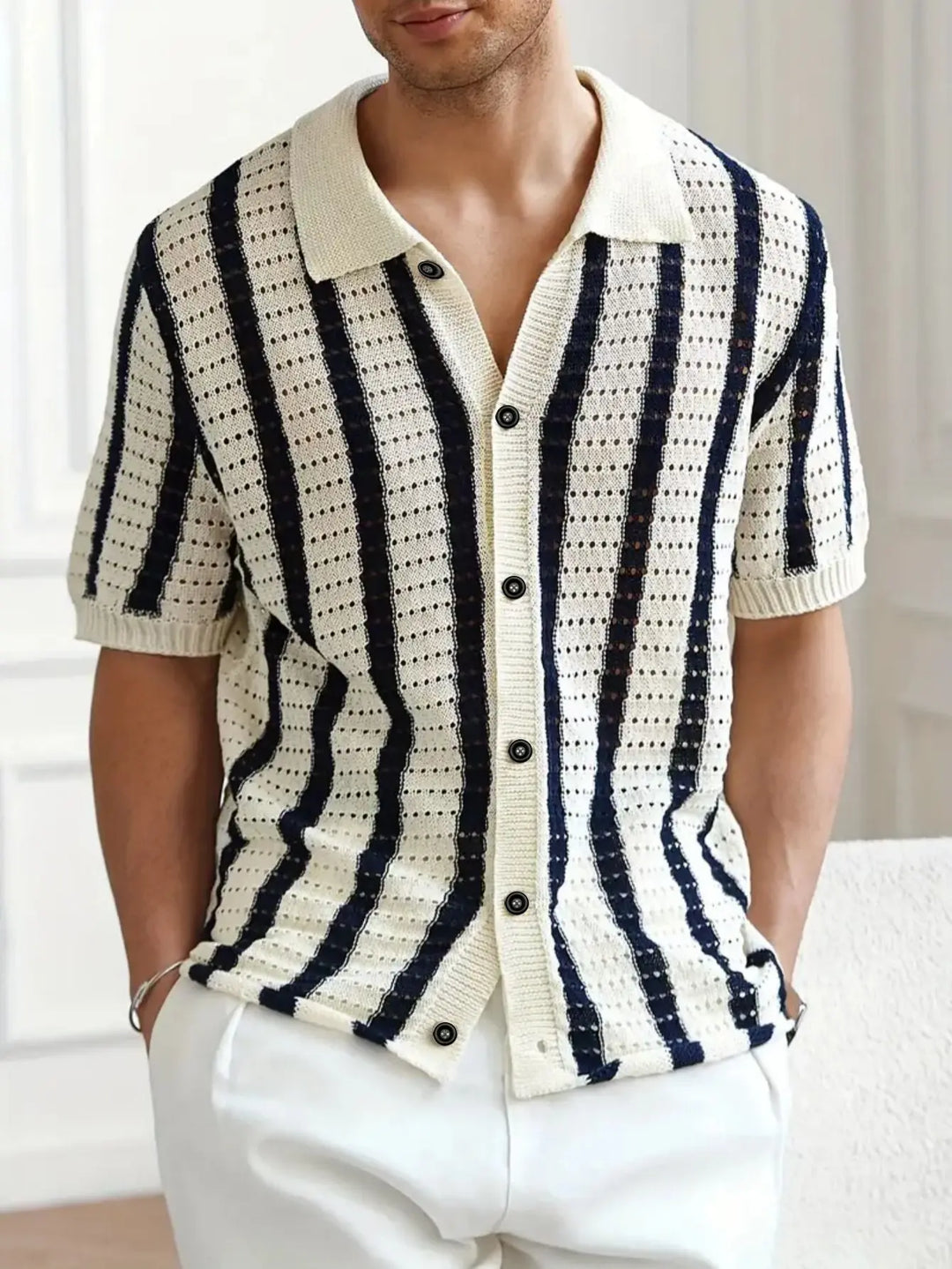Men’s vintage-style black and white vertical striped short sleeve knit shirt – retro button-up polo