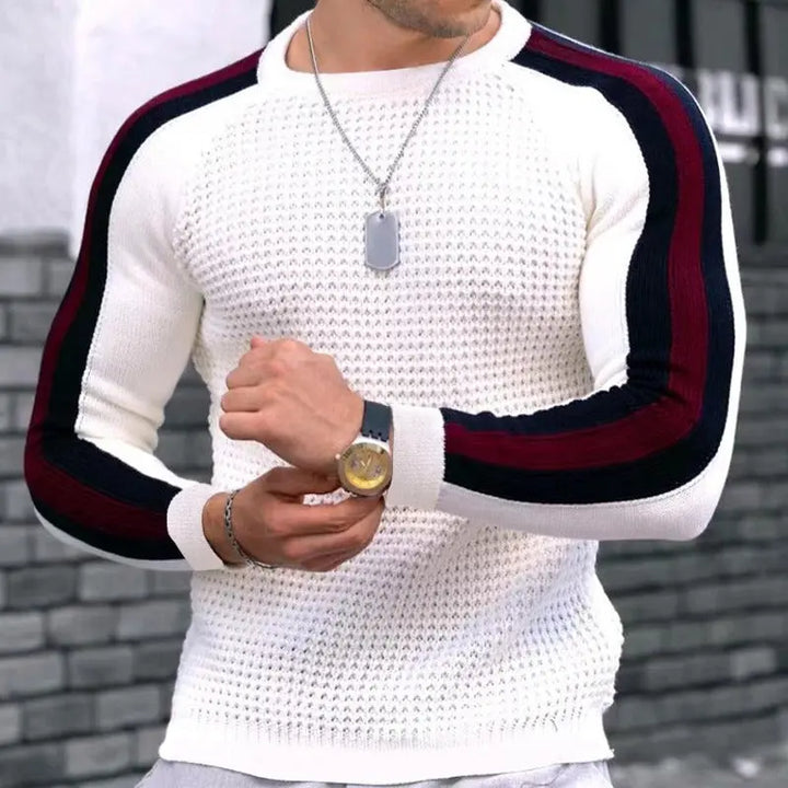 Men’s white colorblock stripe long sleeve knit sweater – fitted waffle-texture pullover with contrast arm stripes