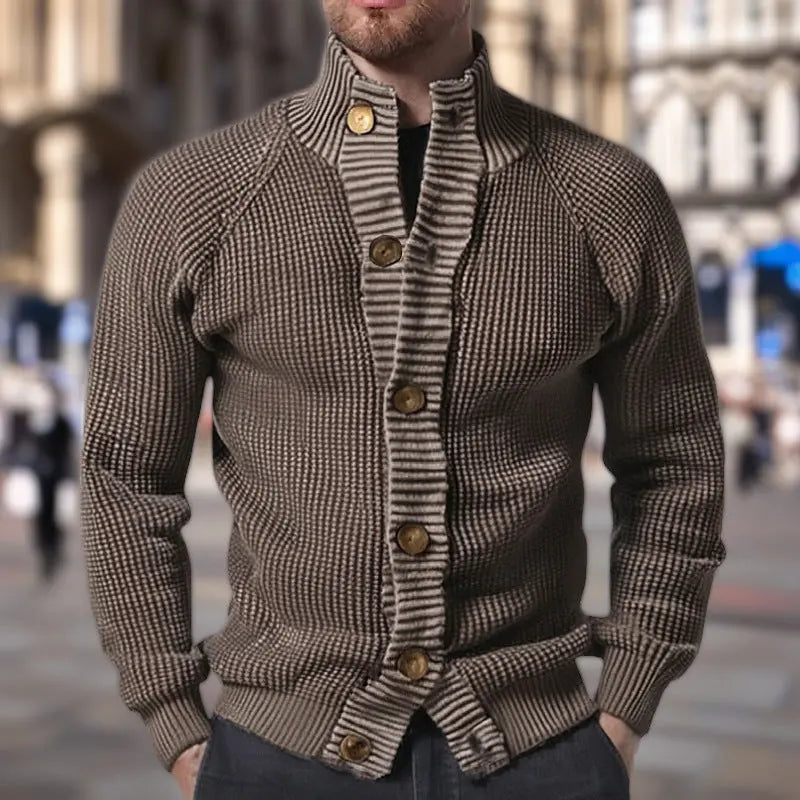 Brown ribbed knit button-up cardigan for men – slim fit casual sweater for fall and winter