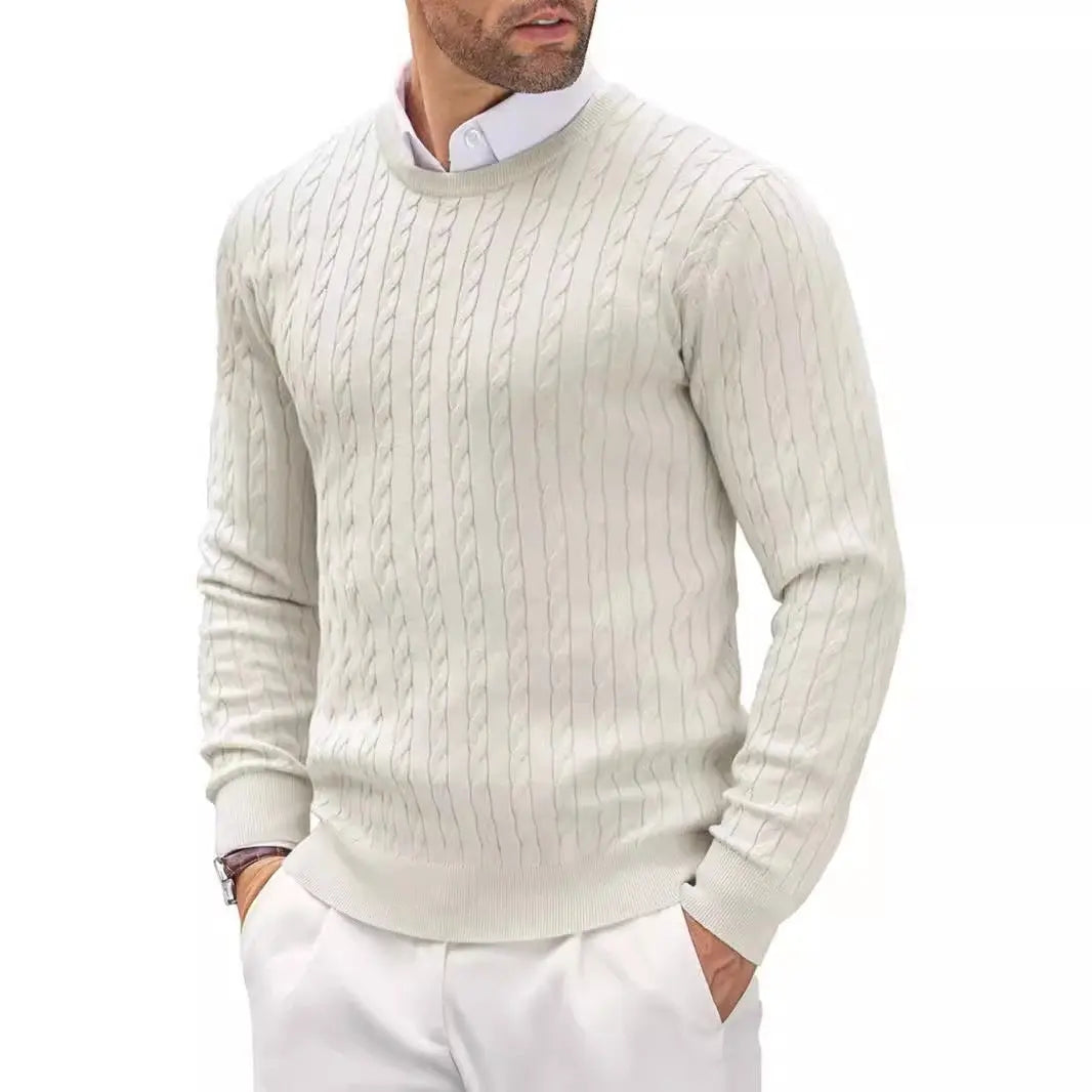 Cream white crew neck cable knit sweater for men – soft and casual winter essential
