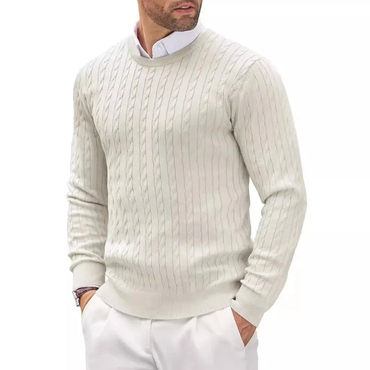 Cream white crew neck cable knit sweater for men – soft and casual winter essential