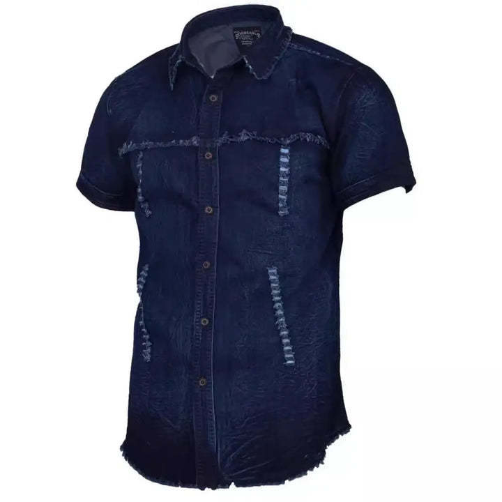 Men's short sleeve denim shirt with frayed seams – casual dark wash button-up for summer