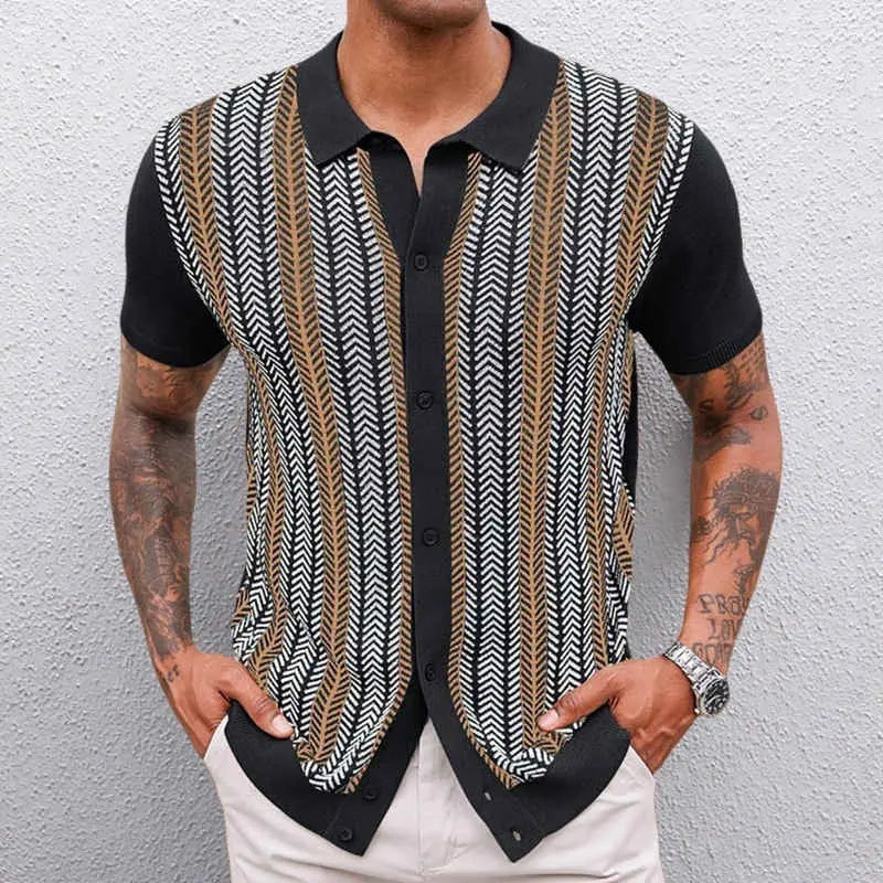 Men’s black short sleeve button-up shirt with retro chevron pattern – vintage knit summer polo