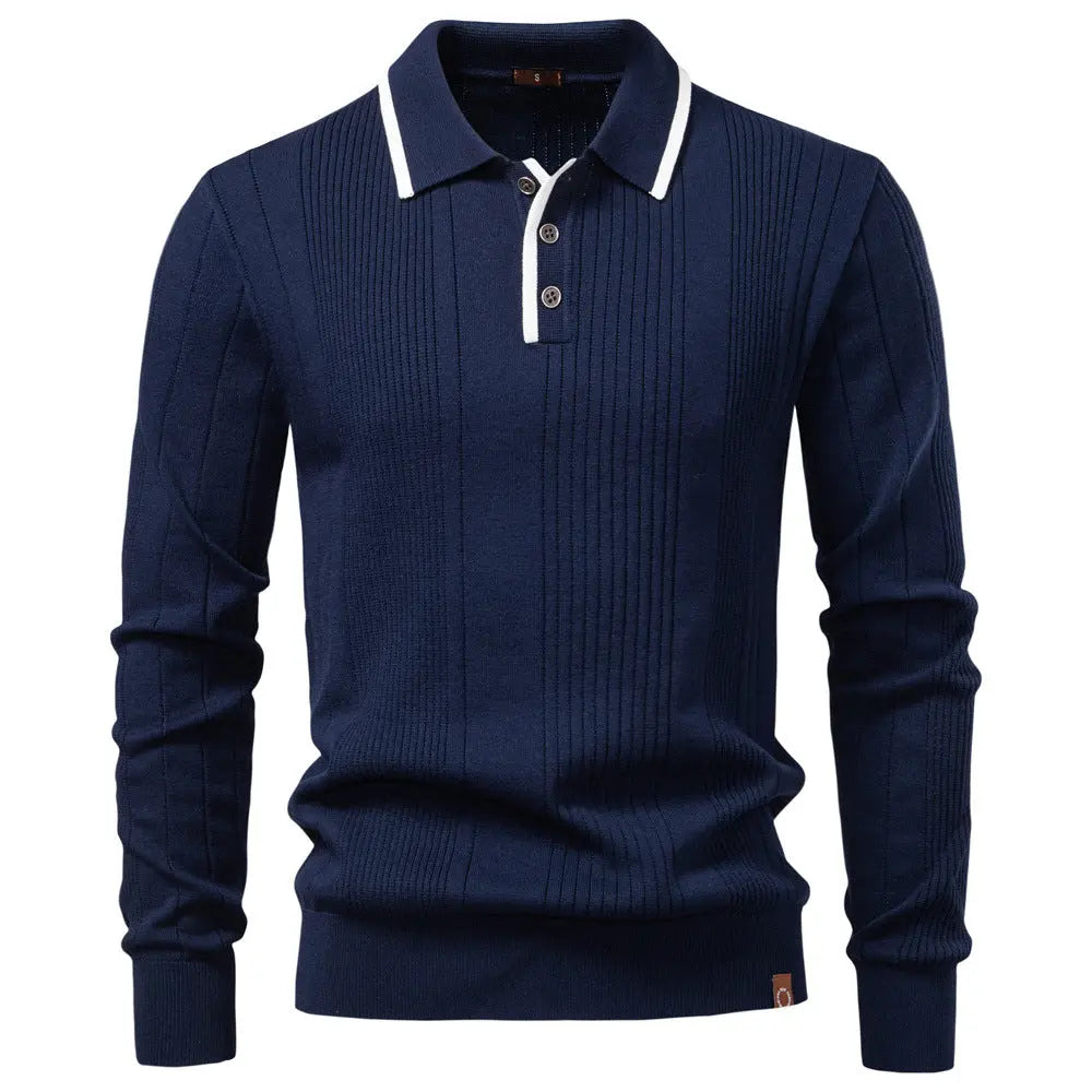 Men’s ribbed knit polo sweater with contrast collar trim – long sleeve pullover in navy blue perfect for smart casual fall looks