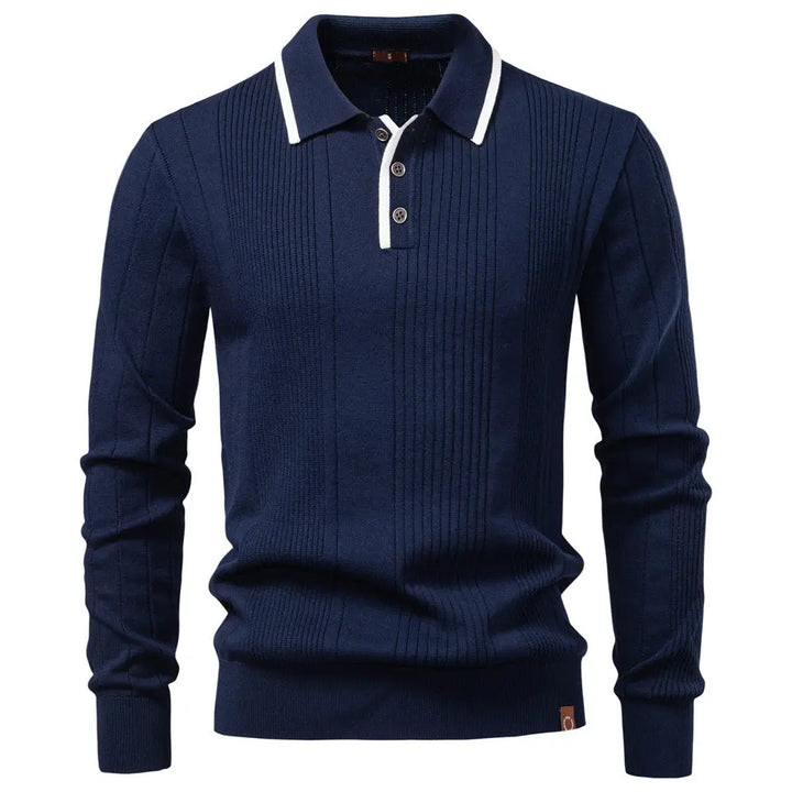 Men’s ribbed knit polo sweater with contrast collar trim – long sleeve pullover in navy blue perfect for smart casual fall looks