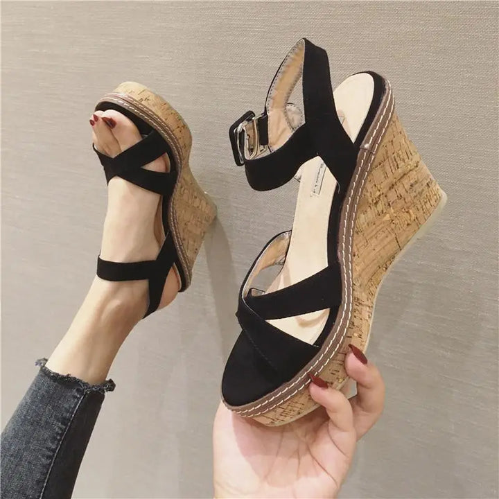 Women’s black suede wedge sandals with cork platform and ankle strap – casual summer footwear