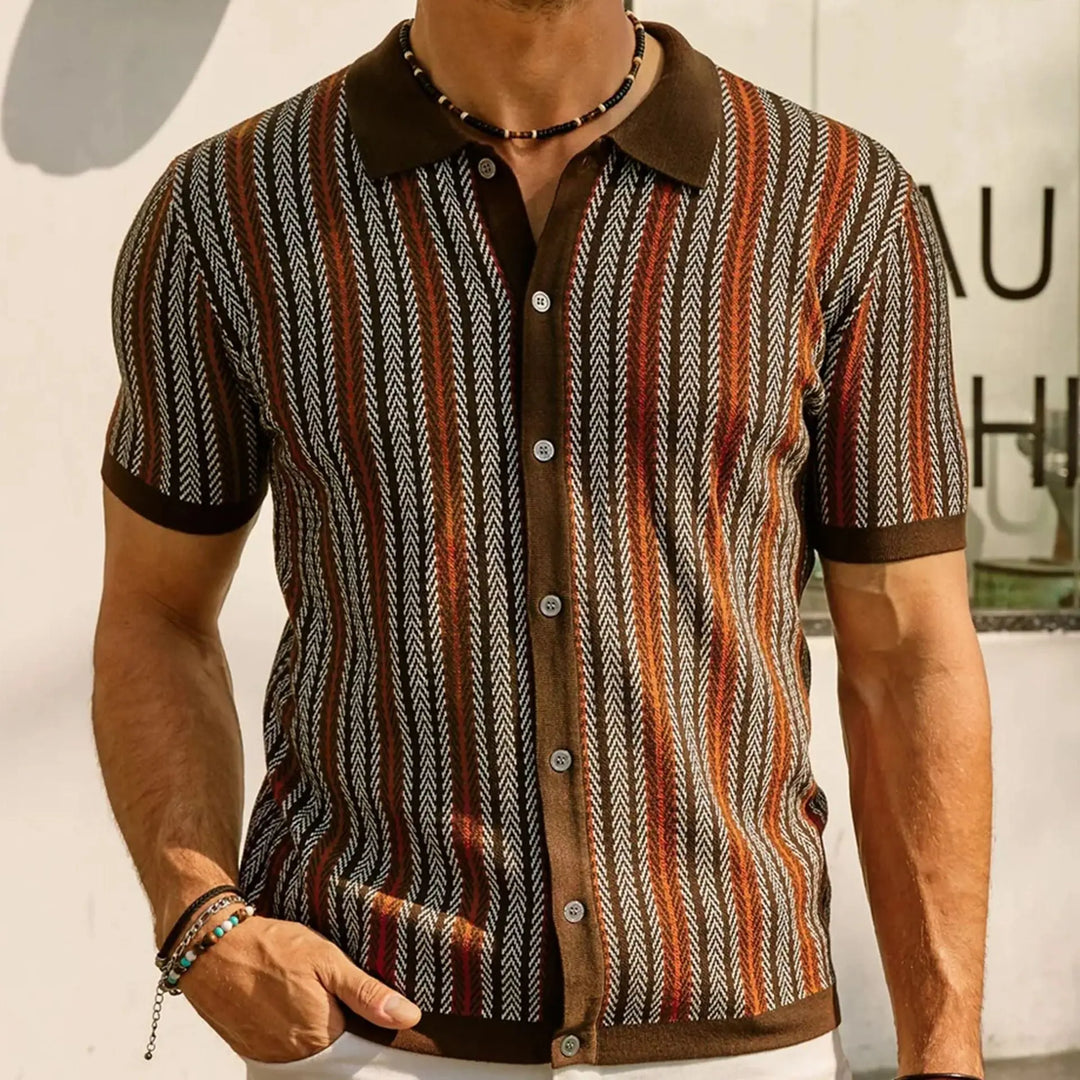 Men's retro patterned short-sleeve button-up shirt in brown with vertical stripes