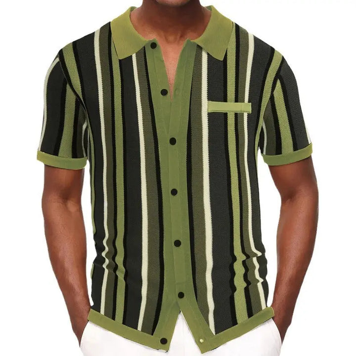 Men's green short sleeve button-up shirt with vertical multicolor stripes