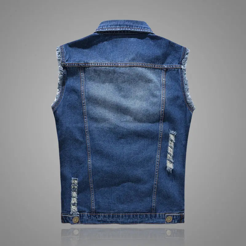 Men's sleeveless distressed denim vest – rugged blue jean jacket with ripped detailing
