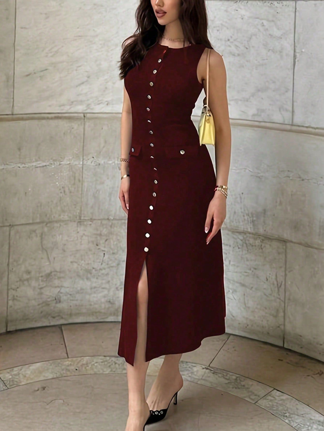 Elegant wine red sleeveless button-front midi dress – feminine and flattering summer dress for women with slit hem and refined detailing.