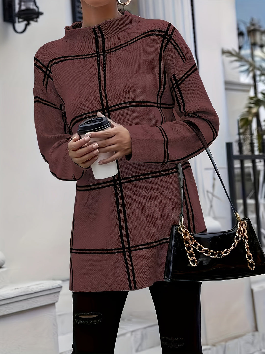 Trendy oversized brown and black grid print sweater tunic for women – perfect street style knitwear for cool weather.