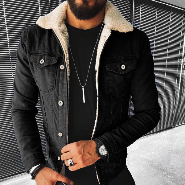 Stylish men’s sherpa-lined denim jacket with warm fleece collar – button-up winter outerwear for casual streetwear looks, in black