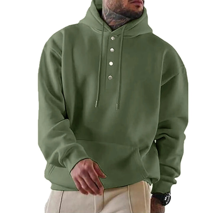 Men’s olive green hooded sweatshirt with button front – soft fleece pullover for autumn layering
