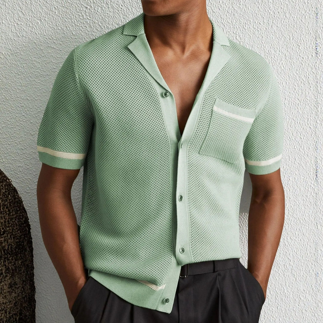 Men’s mint green short sleeve button-up shirt with open collar and textured knit fabric – breathable summer casual wear