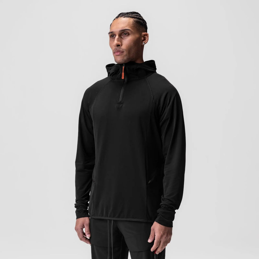 Black men's athletic hoodie with quarter zip and performance fit