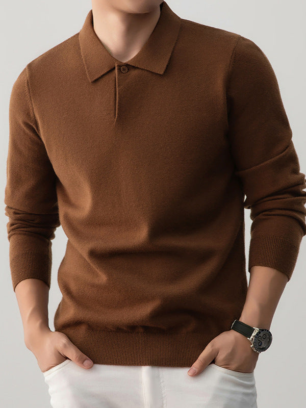 Men’s knit pullover with polo collar in brown – soft lightweight long sleeve sweater for casual or smart wear
