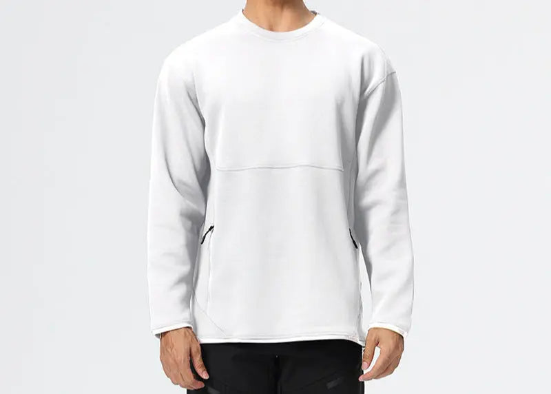 Men’s minimalist white crew neck sweatshirt with long sleeves – casual athletic pullover for everyday wear
