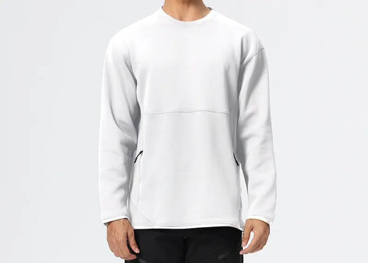 Men’s minimalist white crew neck sweatshirt with long sleeves – casual athletic pullover for everyday wear