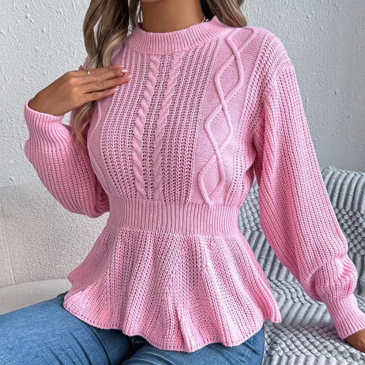 Peplum cable knit sweater for women – cozy long sleeve pullover with flared hem in burgundy pinkfor fall and winter fashion