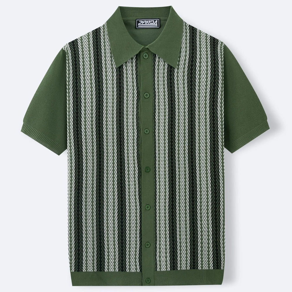Men’s olive green short sleeve button-up shirt with retro chevron pattern – vintage knit summer polo