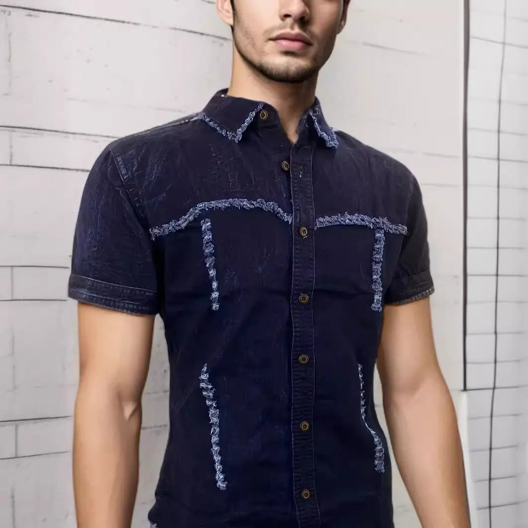 Men's short sleeve denim shirt with frayed seams – casual dark wash button-up for summer