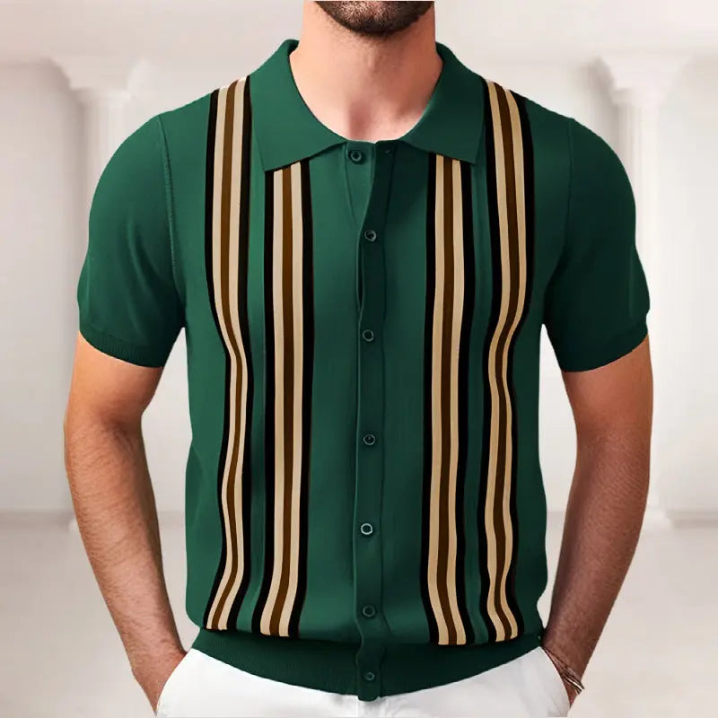 Green retro polo shirt for men with vertical beige and brown stripes
