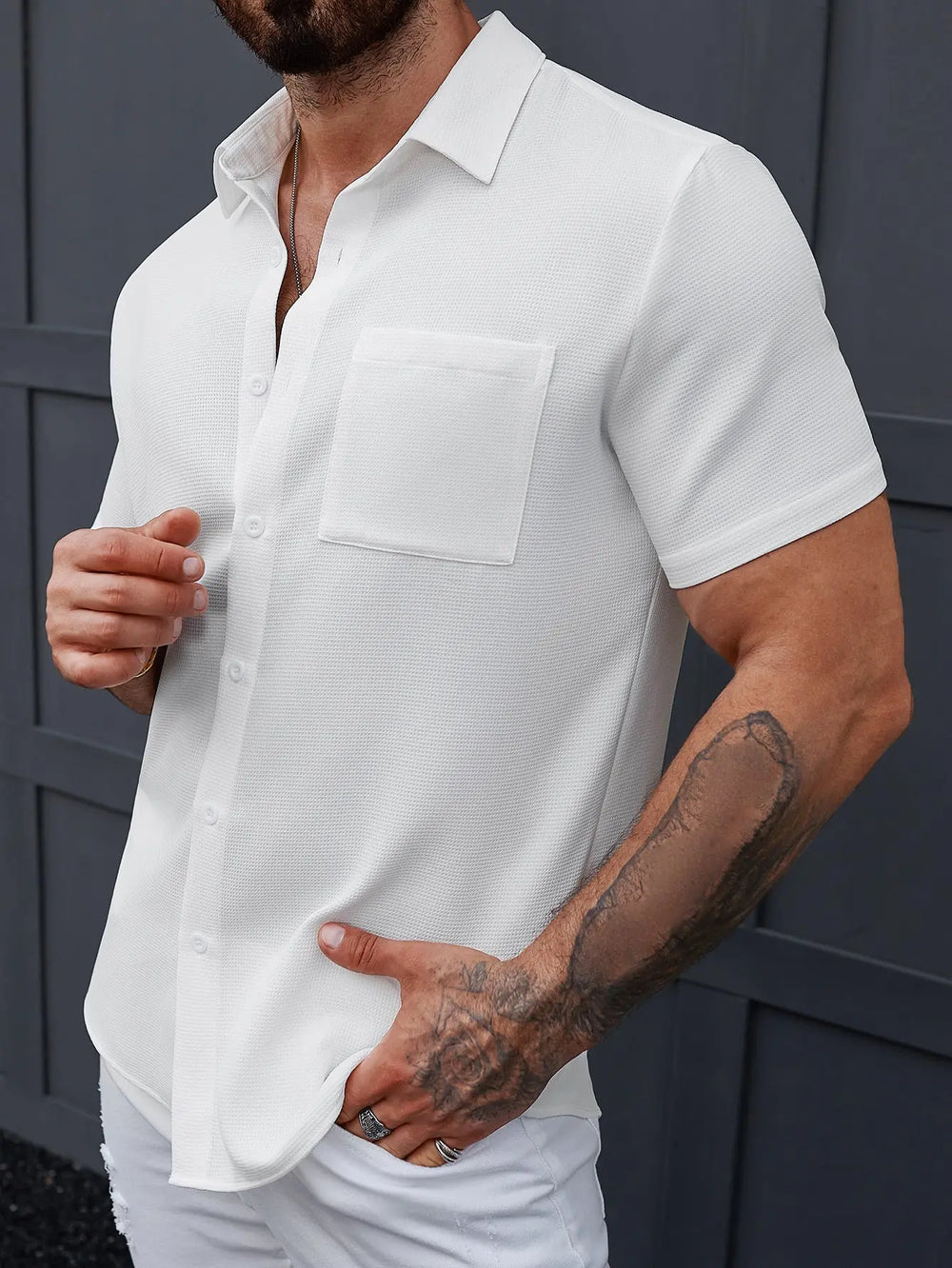 Men’s white short sleeve button-up shirt with chest pocket – casual summer shirt