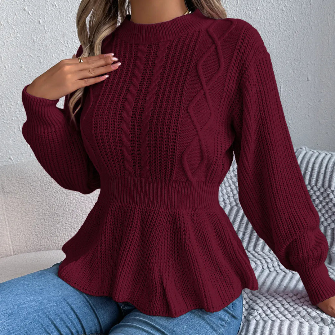 Peplum cable knit sweater for women – cozy long sleeve pullover with flared hem in burgundy for fall and winter fashion