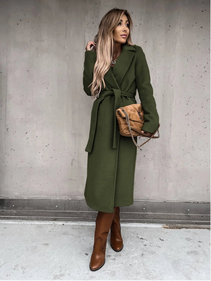 Army green wool trench coat for fall and winter – structured silhouette with belted waist