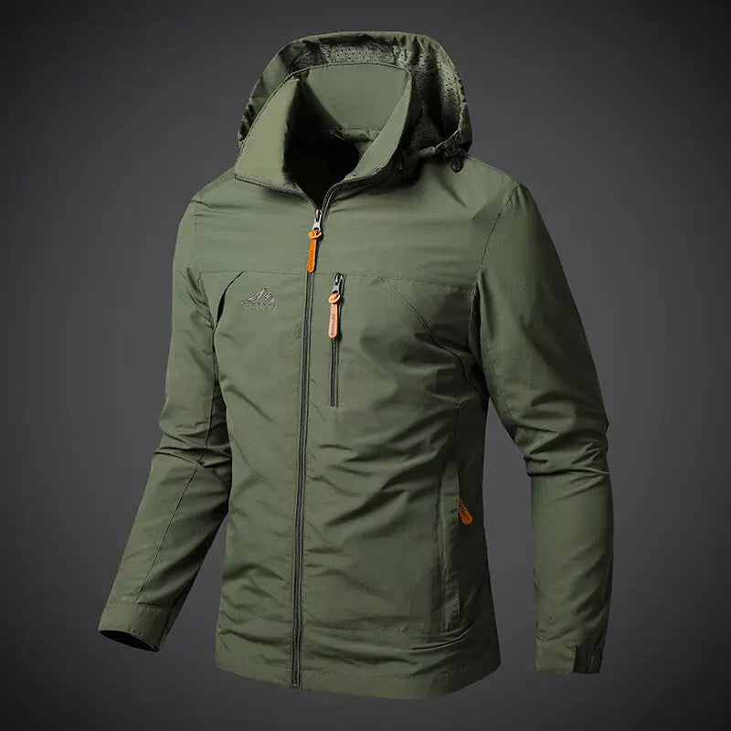 Men’s windbreaker jacket in olive with front zip, zipper pockets and hood