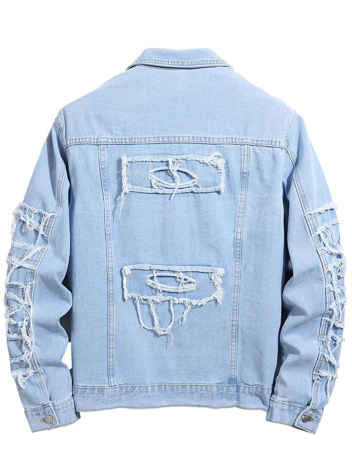 Men’s light blue distressed denim jacket with ripped panel design – edgy streetwear outerwear for casual urban fashion.