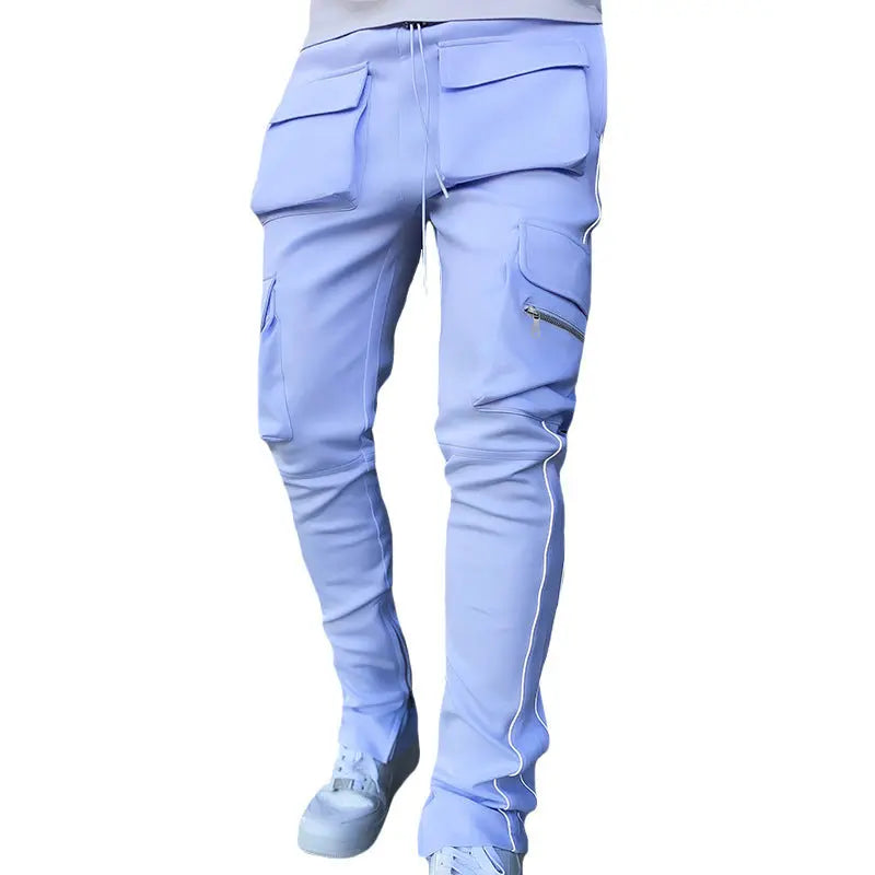 Sky blue slim track pants for men – sporty activewear with stripe design