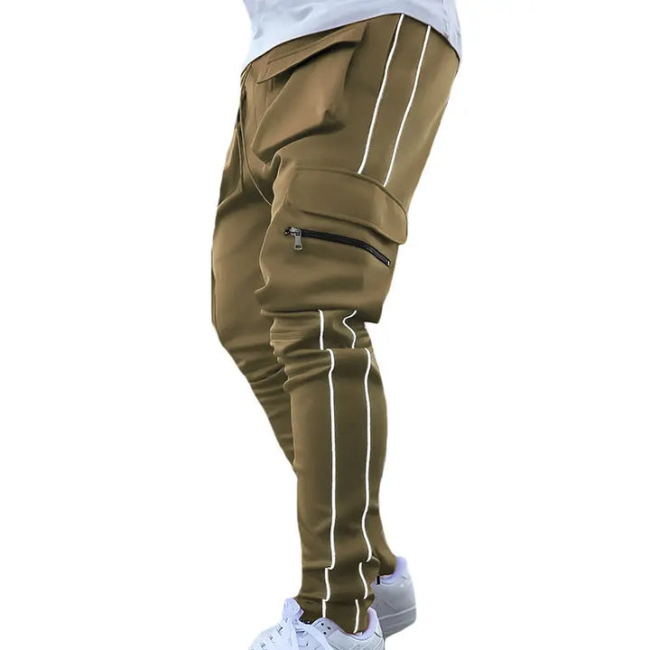 Khaki men’s cargo joggers with stripes – outdoor or gym-ready pants