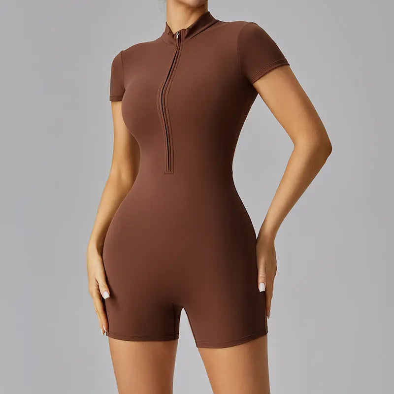 Women’s brown short sleeve zip-up romper with bodycon fit – sporty and sleek one-piece activewear