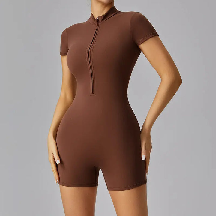 Women’s brown short sleeve zip-up romper with bodycon fit – sporty and sleek one-piece activewear