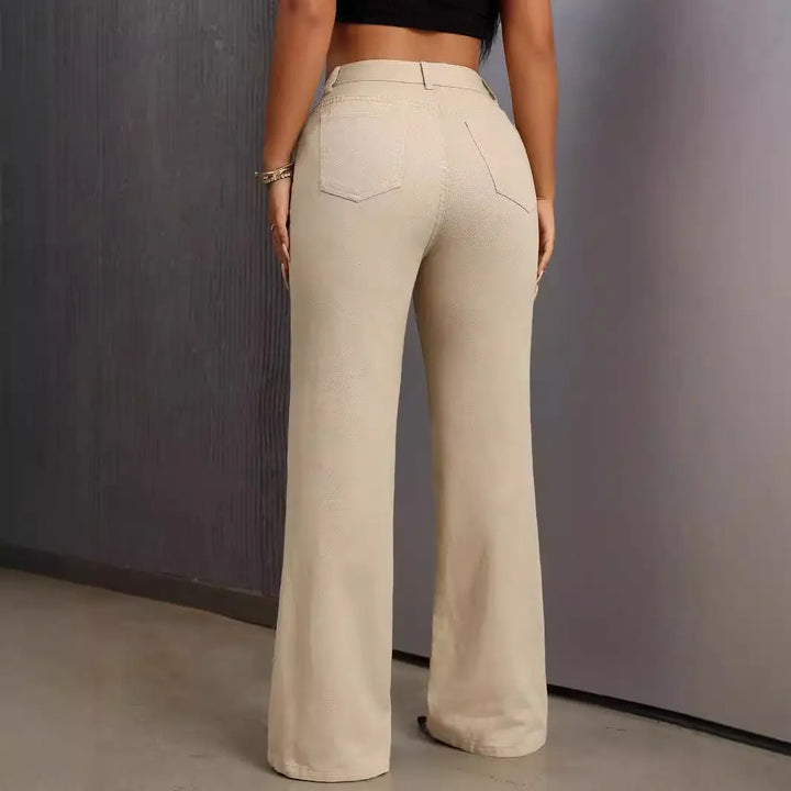 Women’s beige high-waisted flared pants with front pockets – chic casual trousers for summer outfits