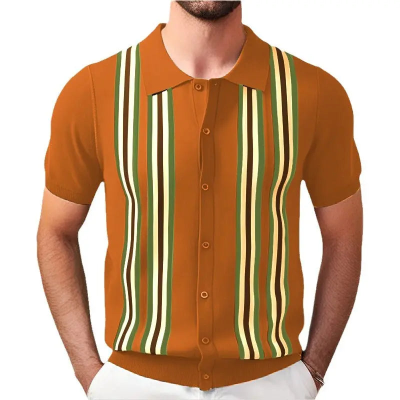 Men's short-sleeve orange polo shirt with multicolor vertical stripes