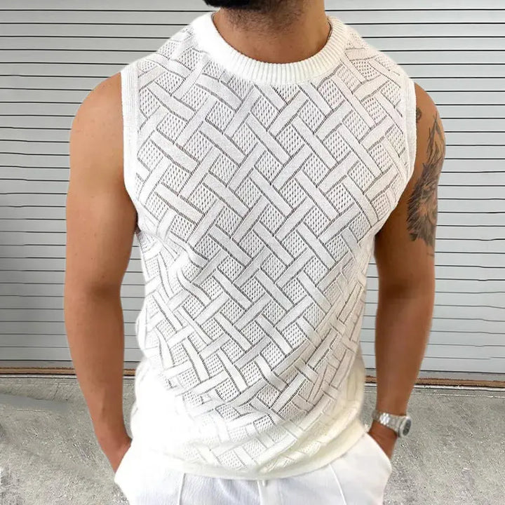 Men's white sleeveless knit tank top with woven pattern – breathable summer muscle fit top