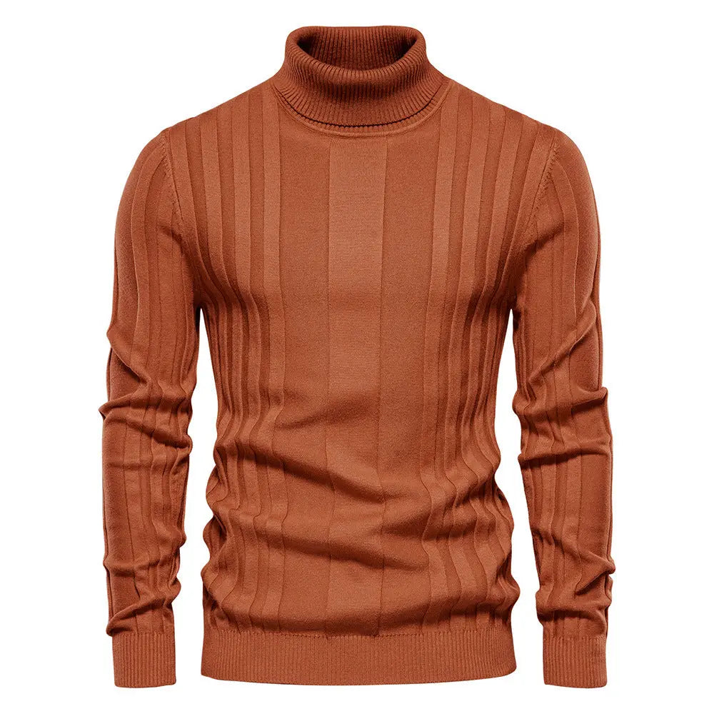 Men’s ribbed turtleneck pullover sweater – slim fit knit design in orange perfect for layering in fall and winter