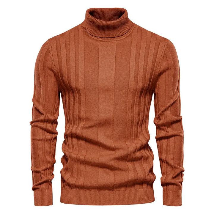 Men’s ribbed turtleneck pullover sweater – slim fit knit design in orange perfect for layering in fall and winter