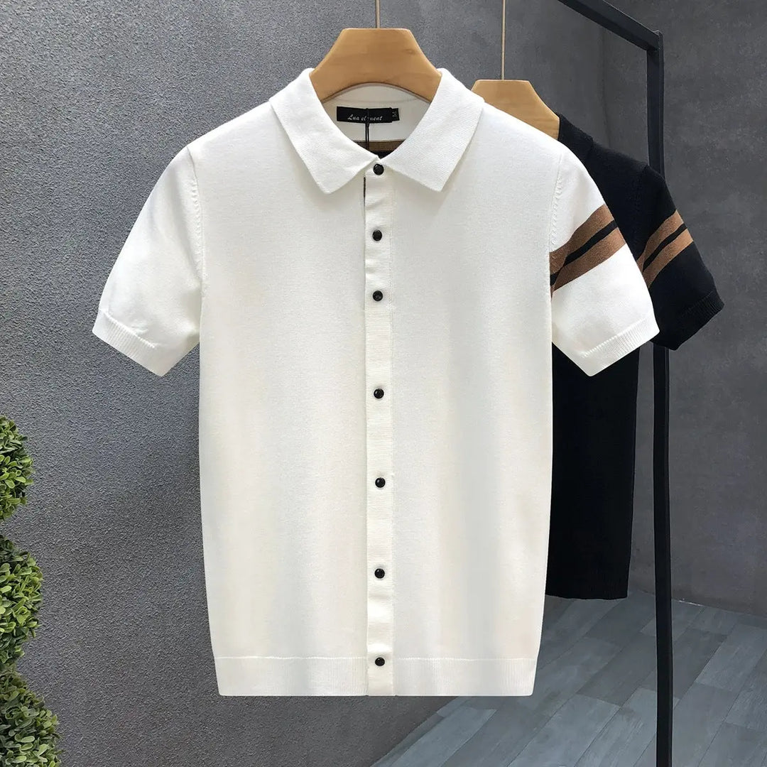 Men’s short sleeve knit polo shirt in white and black with contrast stripes and front buttons – modern summer top