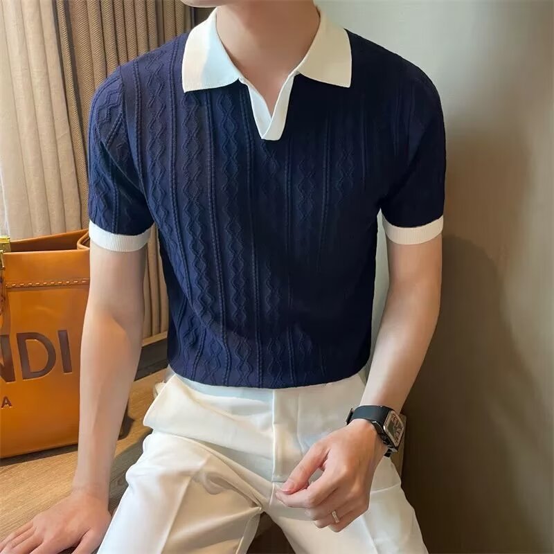 Stylish navy blue knit polo shirt for men with crisp white collar – elevated casual wear ideal for smart summer styling