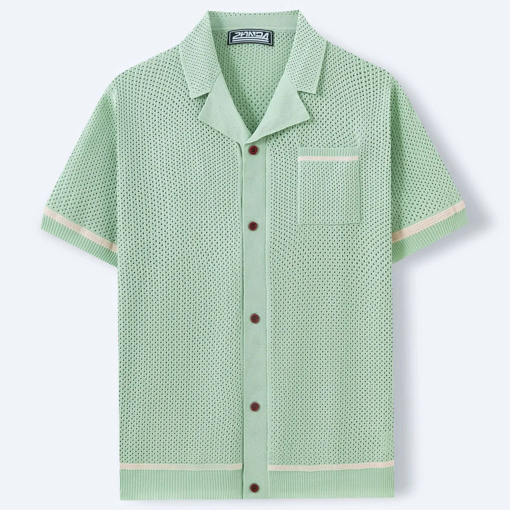 Men’s mint green short sleeve button-up shirt with open collar and textured knit fabric – breathable summer casual wear